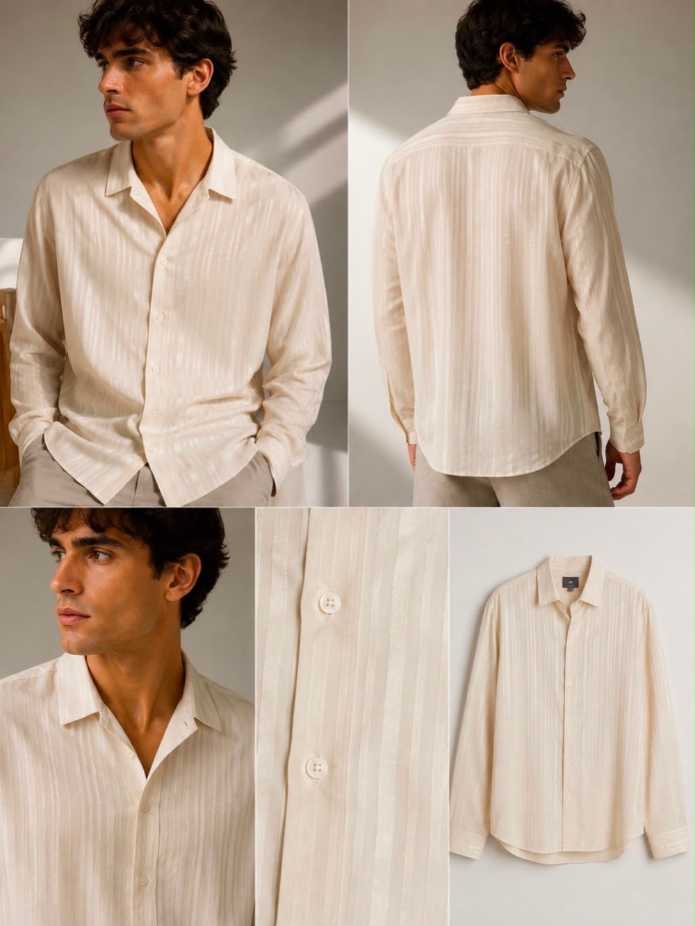 Primark Men's Cream Textured Long-Sleeve Button Down Shirt